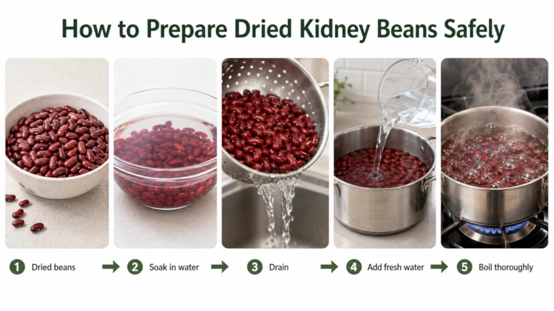 Steps for soaking, draining and boiling dried kidney beans safely
