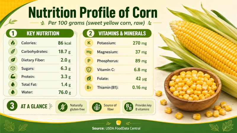 Nutrition profile of corn per 100 grams.