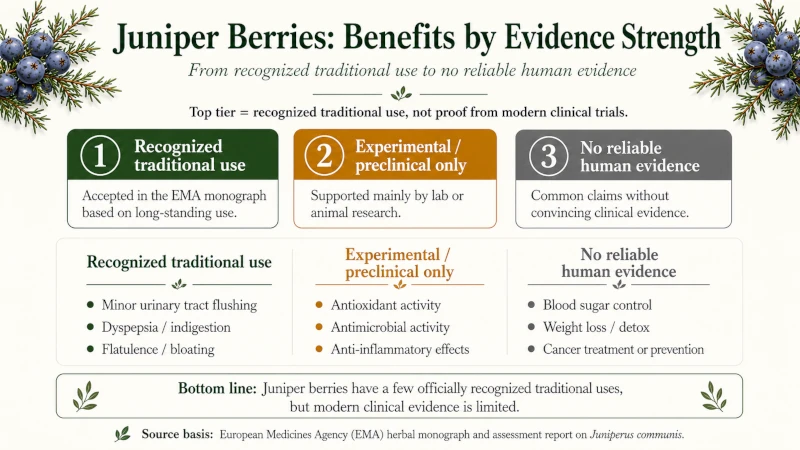 Chart rating juniper plant benefits by evidence strength, from recognized traditional use to no evidence.
