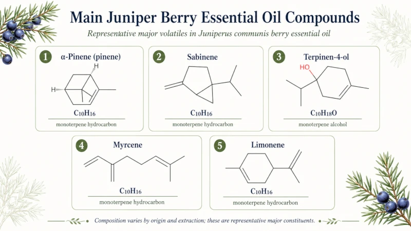 Diagram of main juniper berry essential oil compounds including pinene, sabinene and terpinen-4-ol.