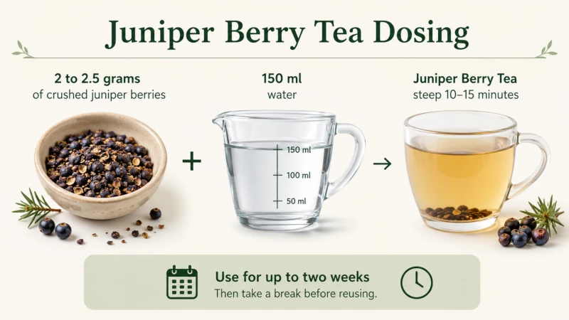 Juniper berry tea dosing: 2 to 2.5 grams of crushed berries in 150 ml water, up to two weeks.