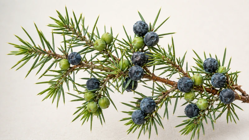 Juniperus communis branch showing green unripe and blue-black ripe juniper berries.