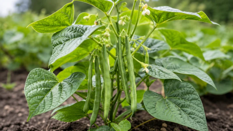 Kidney bean plant with green leaves, flowers and developing pods