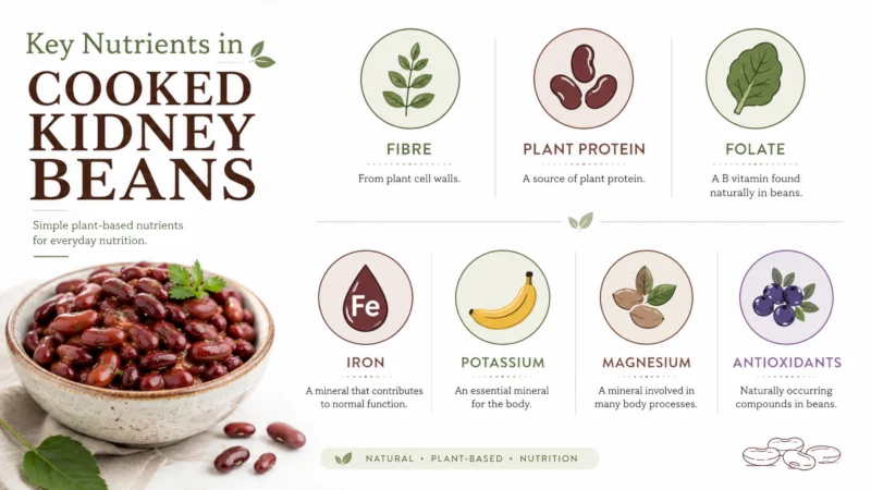 Key nutrients found in cooked kidney beans including fibre, protein and folate
