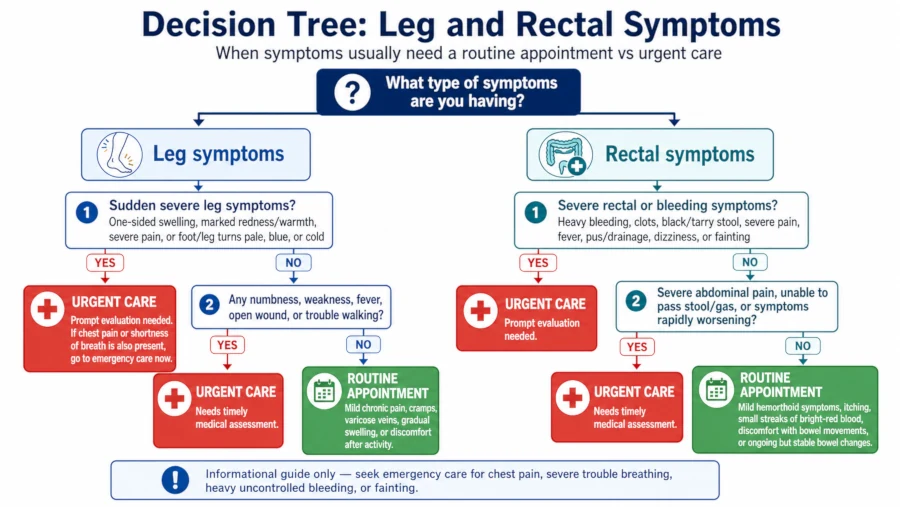 Decision tree separating leg and rectal symptoms that need a routine appointment from those needing urgent care.