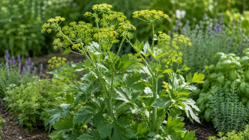 Mature lovage plant growing in an herb garden with green leaves and umbrella-shaped flowers