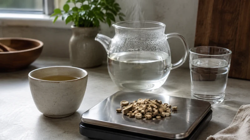 Cut dried lovage root measured beside a cup of freshly prepared lovage root tea