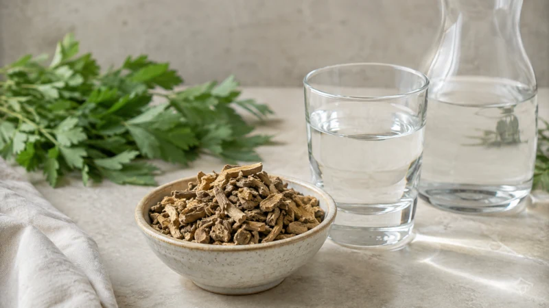 Dried lovage root beside drinking water for traditional herbal urinary flushing use
