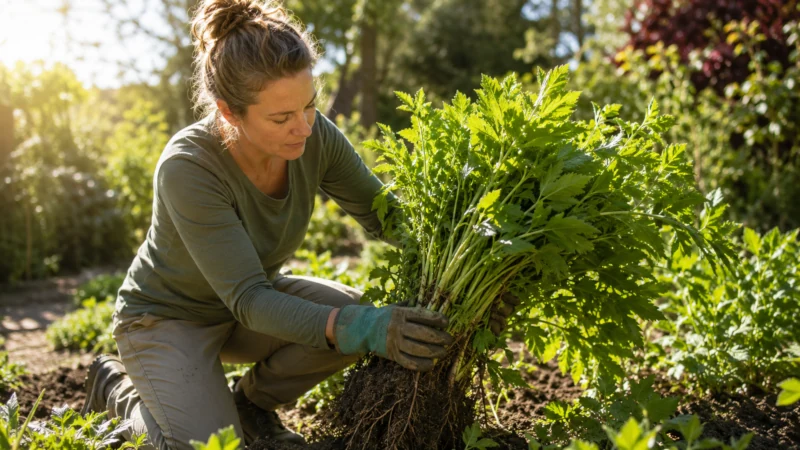 Gardener wearing gloves and long sleeves while harvesting fresh lovage in sunlight