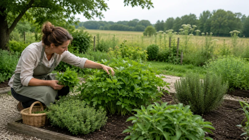 Cultivated lovage in a garden with unidentified wild Apiaceae plants left unpicked in the background