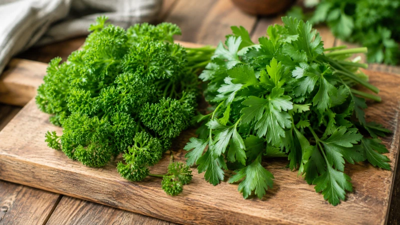 Fresh curly and flat-leaf parsley plant bunches on a wooden cutting board