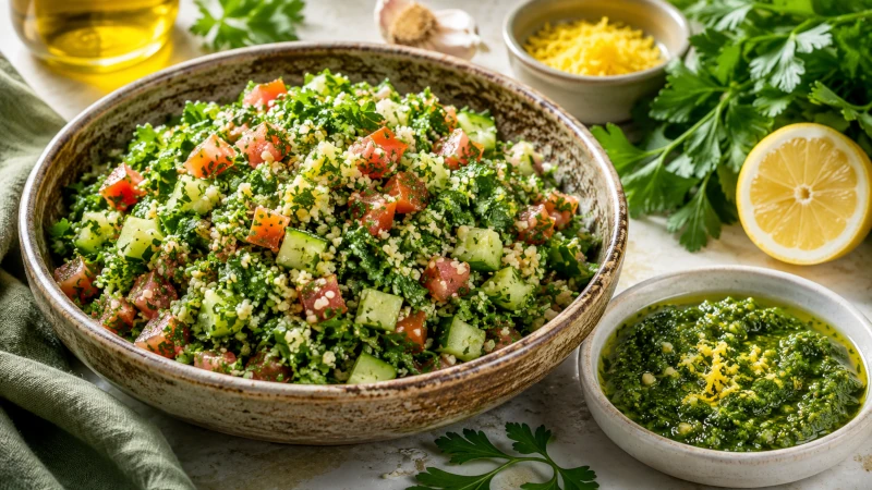 Tabbouleh salad and gremolata sauce made with fresh parsley