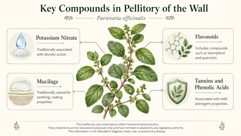 Infographic showing the key active compounds in pellitory of the wall: potassium nitrate, flavonoids, mucilage, and tannins