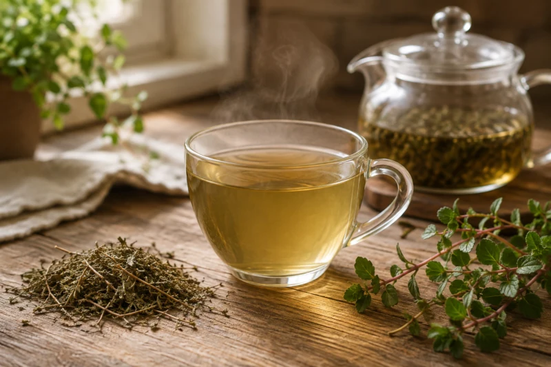 Cup of pellitory of the wall herbal infusion alongside dried herb