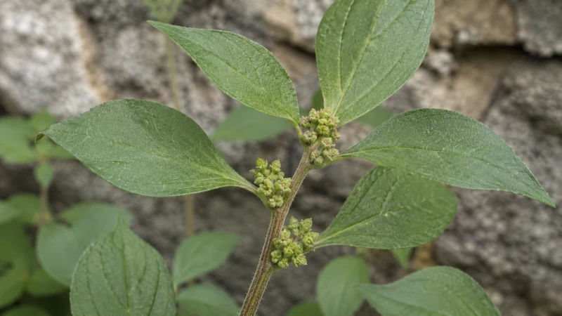 Close-up of pellitory of the wall leaves and small green flowers in clusters