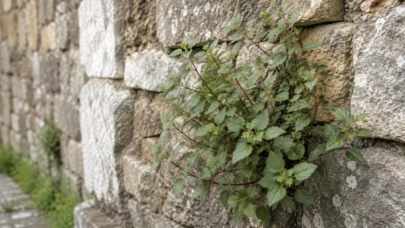 Pellitory of the wall (Parietaria officinalis) growing from a stone wall, showing reddish stems and green oval leaves
