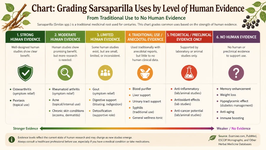 Chart grading sarsaparilla plant uses from traditional to no human evidence.