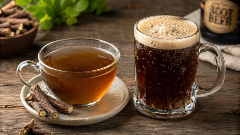 Cup of sarsaparilla root tea beside a glass of root beer.