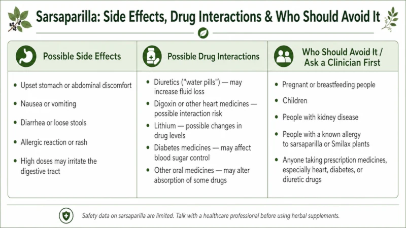 Table of sarsaparilla side effects, drug interactions, and who should avoid it.