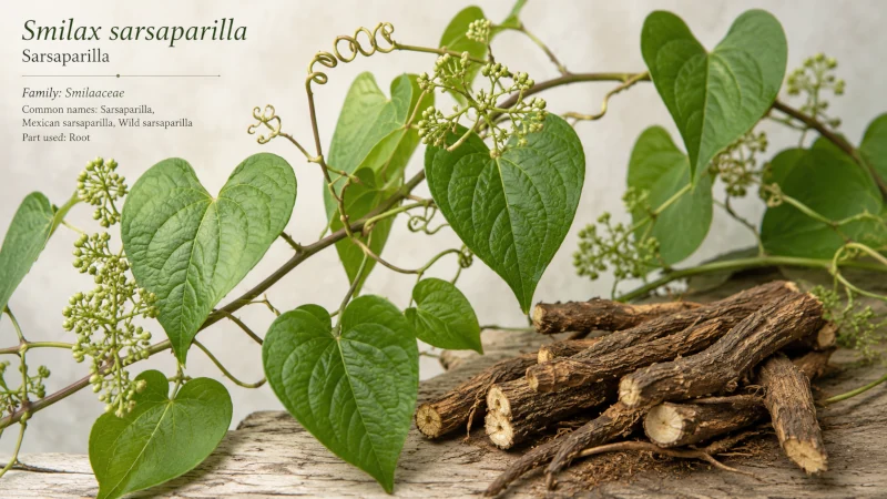 Smilax sarsaparilla vine with heart-shaped leaves and dried root.