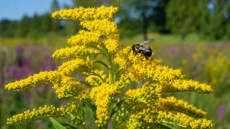 Flowering tops of European goldenrod plant, Solidago virgaurea, with an insect pollinator.