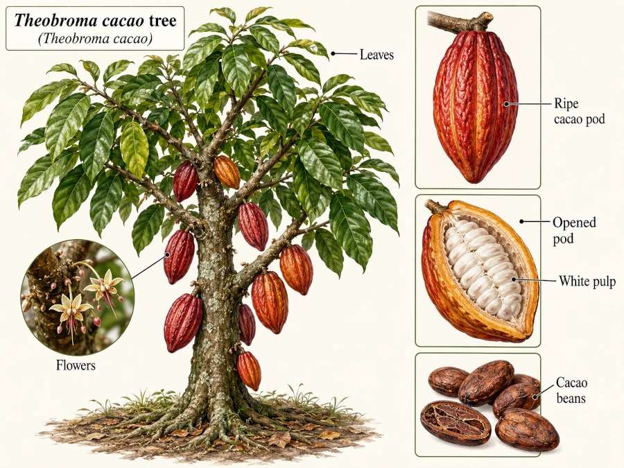 Labeled illustration of a Theobroma cacao tree, ripe pod, and beans.