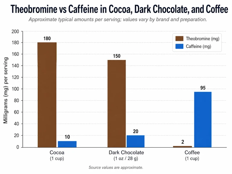 Bar chart comparing theobromine and caffeine in cacaoplant, dark chocolate, and coffee.