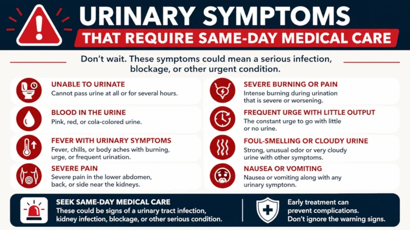 Warning card listing urinary symptoms that require same-day medical care.