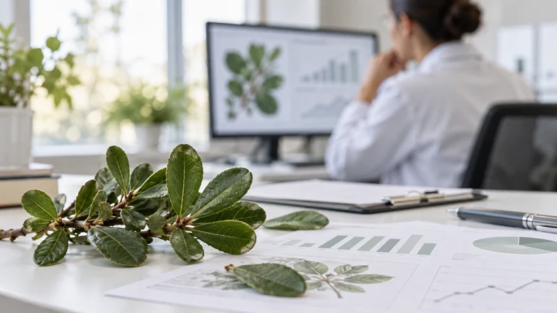 Bearberry leaves beside clinical research papers representing evidence on uva ursi for urinary symptoms