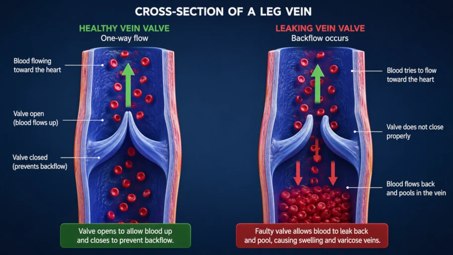 Cross-section of a leg vein showing a healthy one-way valve beside a leaking valve causing blood to pool.