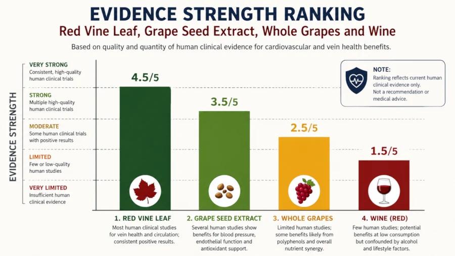 Bar chart ranking evidence strength for red vine leaf, grape seed extract, whole grapes and wine.