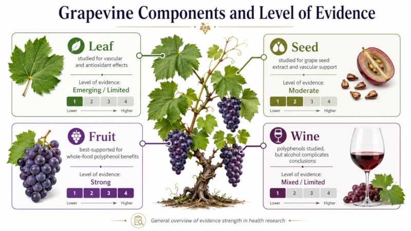 Diagram of the Vitis vinifera (grapevine) showing leaf, seed, fruit and wine with the level of evidence for each.