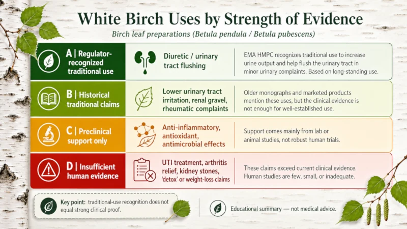 Chart grading white birch uses by strength of evidence, from regulator-recognized diuretic use to insufficient-evidence claims.