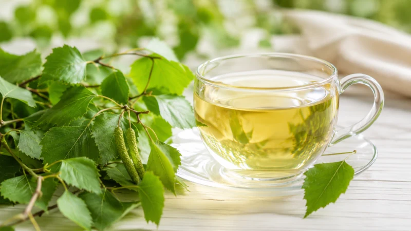 Cup of pale birch leaf herbal infusion beside fresh birch leaves.