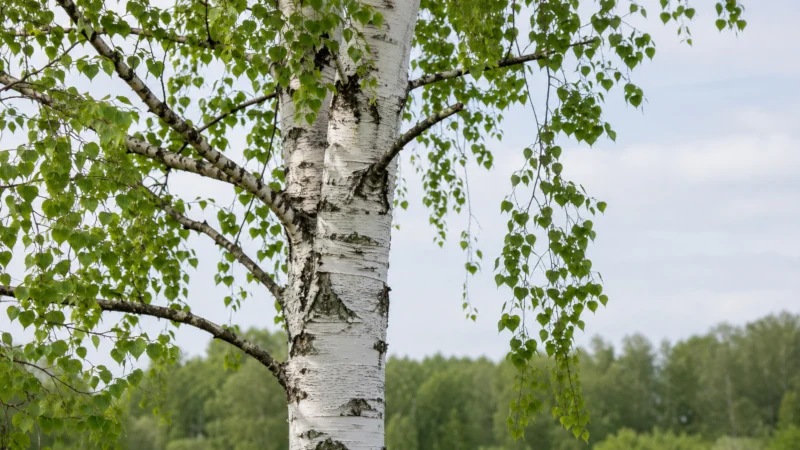 White birch tree with peeling white bark and green leaves.