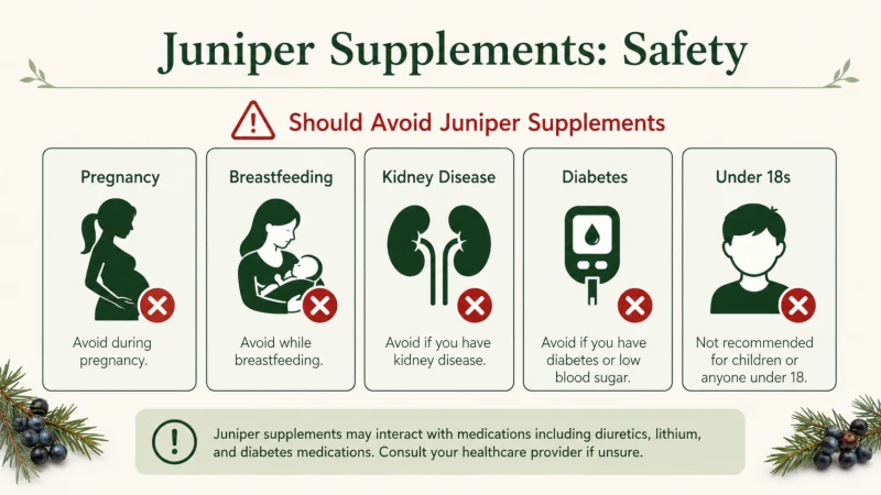 Safety chart: pregnancy, breastfeeding, kidney disease, diabetes, and under-18s should avoid juniper supplements.