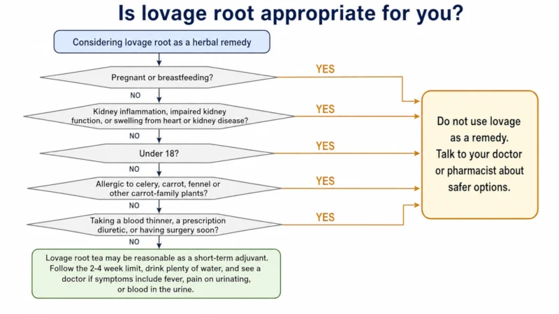 Decision tree for whether lovage root is appropriate, screening for pregnancy, kidney or heart conditions, age under 18, carrot family allergy and blood thinners