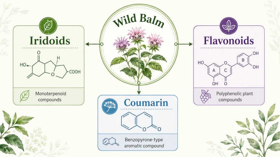 Diagram of wild balm’s main compound groups: iridoids, flavonoids, and coumarin.