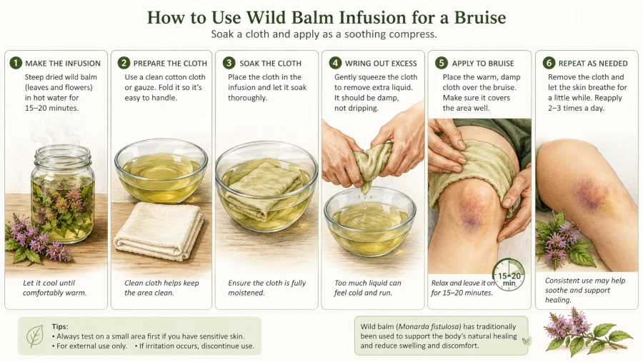 Step-by-step illustration of soaking a cloth in wild balm infusion and applying it to a bruise.