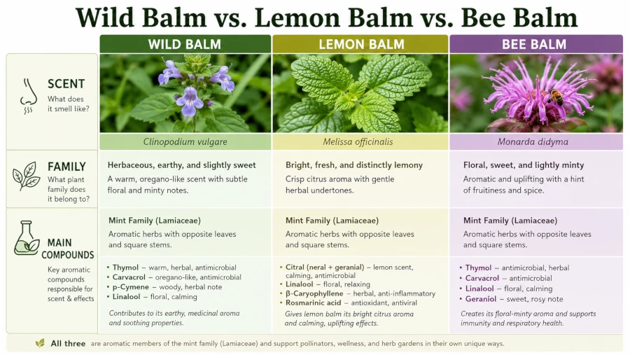 Side-by-side comparison of wild balm, lemon balm, and bee balm by scent, family, and main compounds.