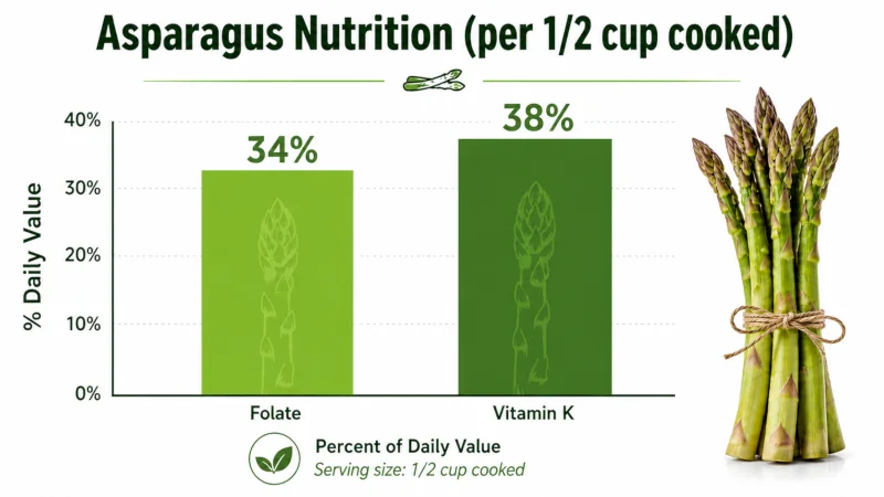 Bar chart of asparagus benefits and nutrition showing folate at 34% and vitamin K at 38% of the Daily Value per half-cup cooked.