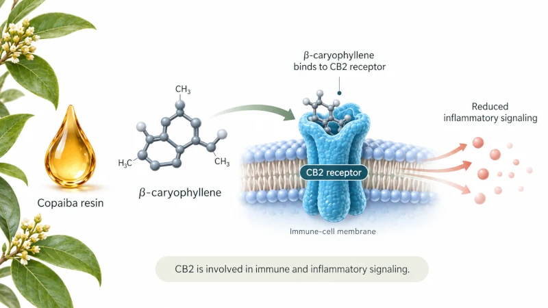 Simplified diagram showing beta-caryophyllene interacting with the CB2 receptor involved in inflammatory signaling.