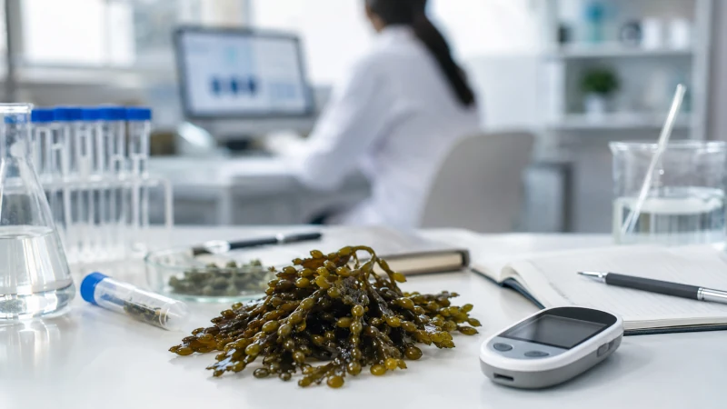Research setting with bladderwrack and glucose testing equipment representing early metabolic studies