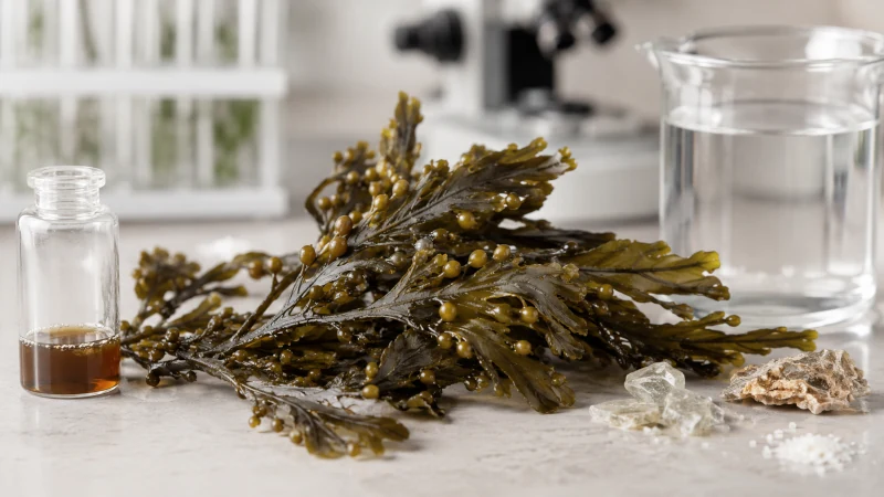 Bladderwrack seaweed with a scientific laboratory setting representing iodine and natural compounds