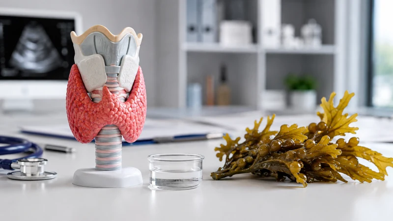 Bladderwrack seaweed beside a thyroid anatomy model illustrating iodine and thyroid safety