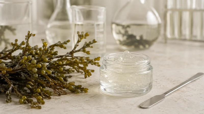 Bladderwrack seaweed beside an unbranded topical gel in a skincare research setting