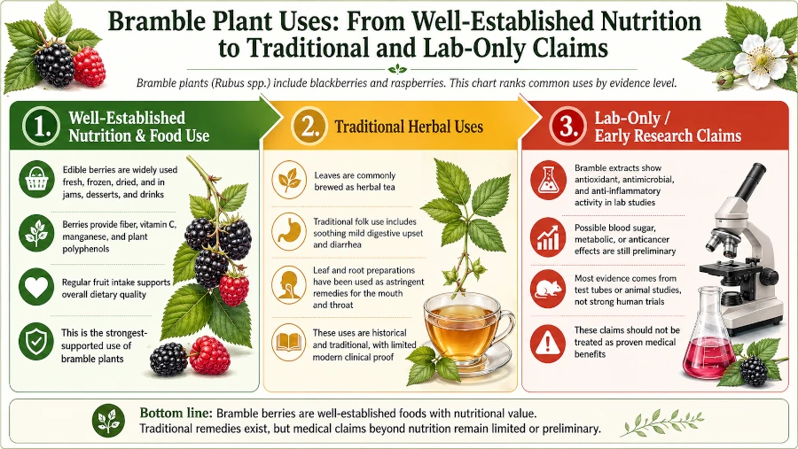 Chart grading bramble plant uses from well-established nutrition to traditional and lab-only claims.