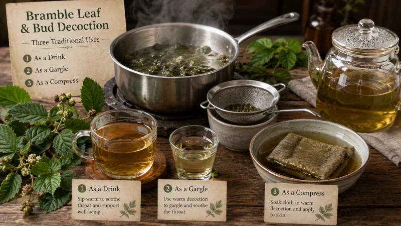 Bramble leaf and bud decoction being prepared for a drink, gargle, and compress.