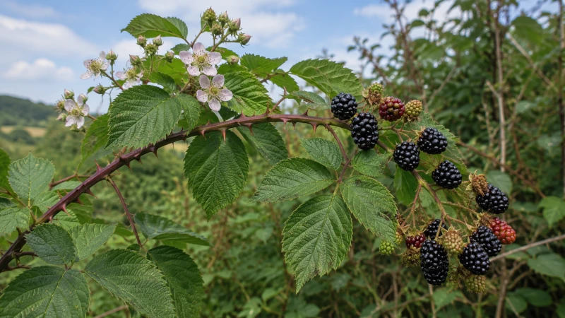 Bramble plant showing thorny canes, white-pink flowers, and ripe blackberries.