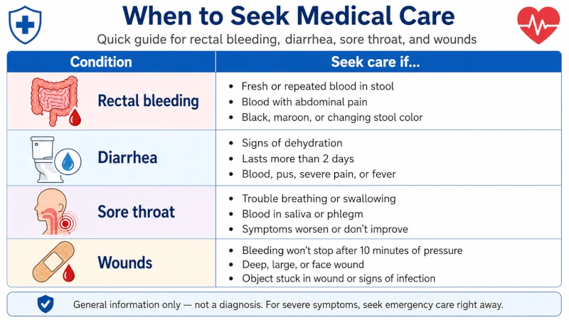 Safety table listing when to seek medical care for rectal bleeding, diarrhea, sore throat, and wounds.